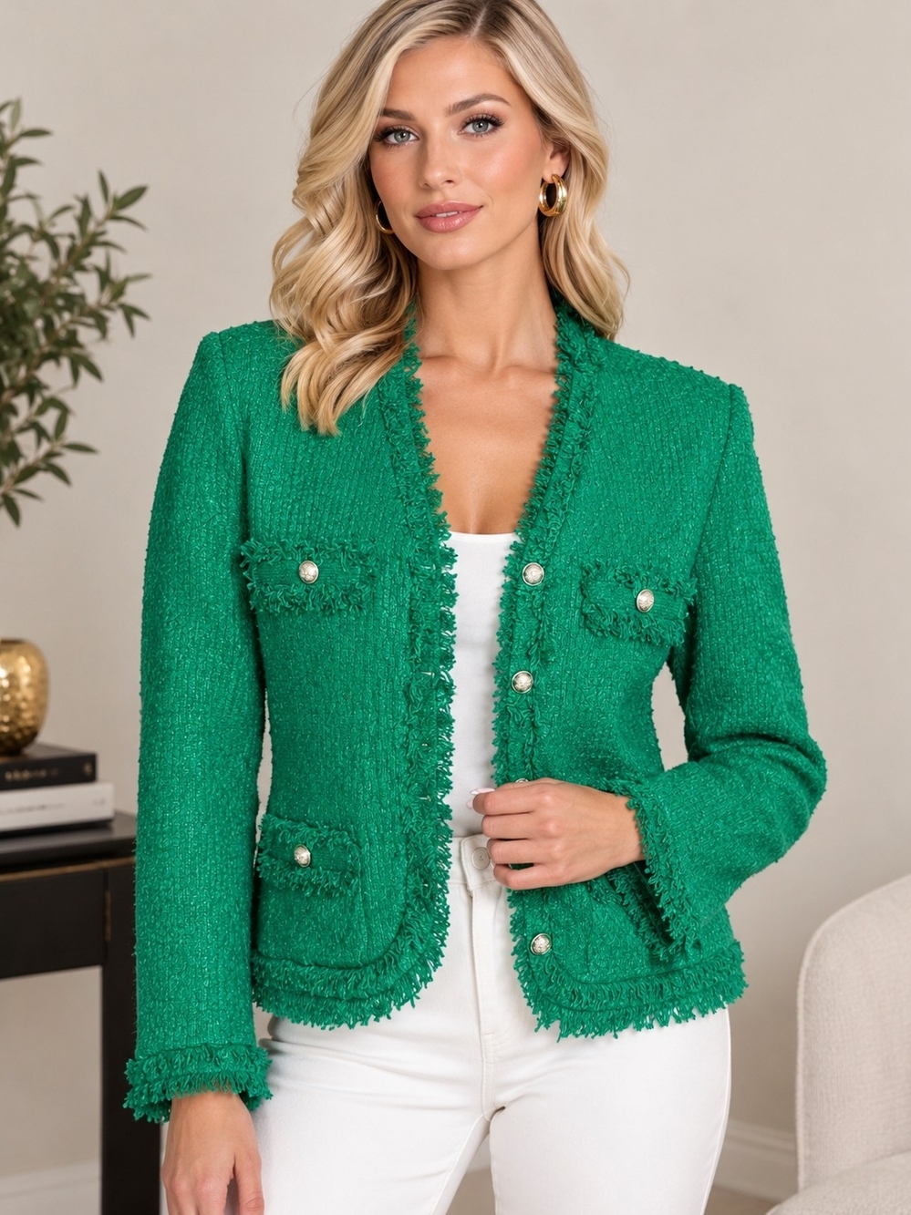 Cider Emerald Green Frayed Bouclé Pearl-Button Jacket